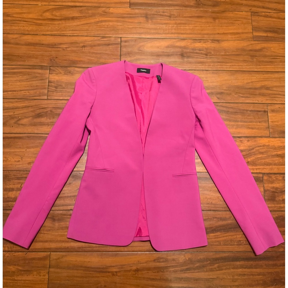 Theory Pink Isita R Classic Suit Blazer Collarless Virgin Wool Jacket Size 00